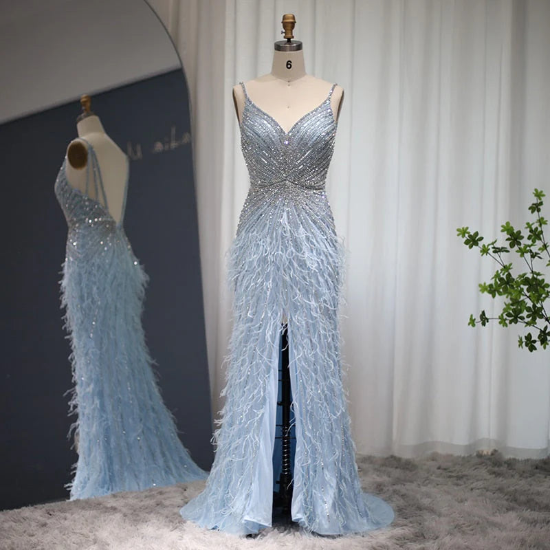 Elegant Blue Mermaid Evening Dress with Beading and Feather Train SS004