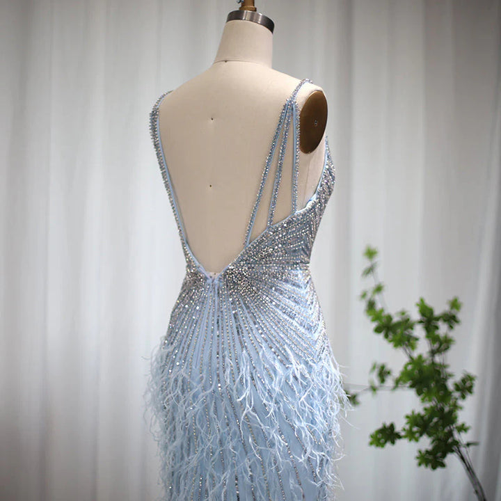 Elegant Blue Mermaid Evening Dress with Beading and Feather Train SS004
