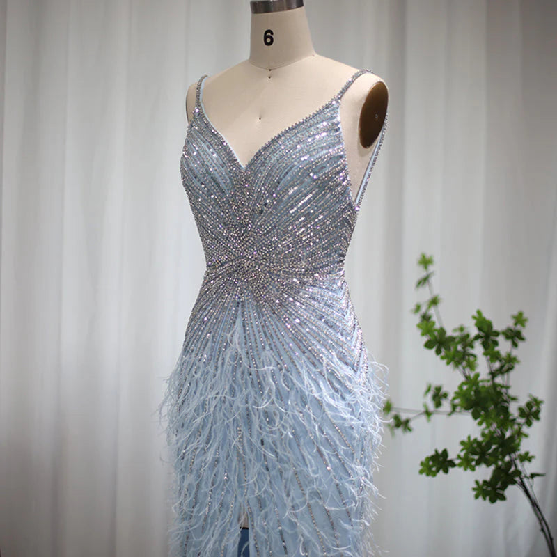 Elegant Blue Mermaid Evening Dress with Beading and Feather Train SS004