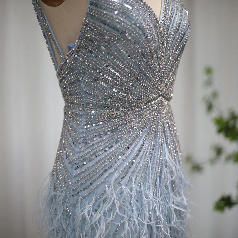 Elegant Blue Mermaid Evening Dress with Beading and Feather Train SS004