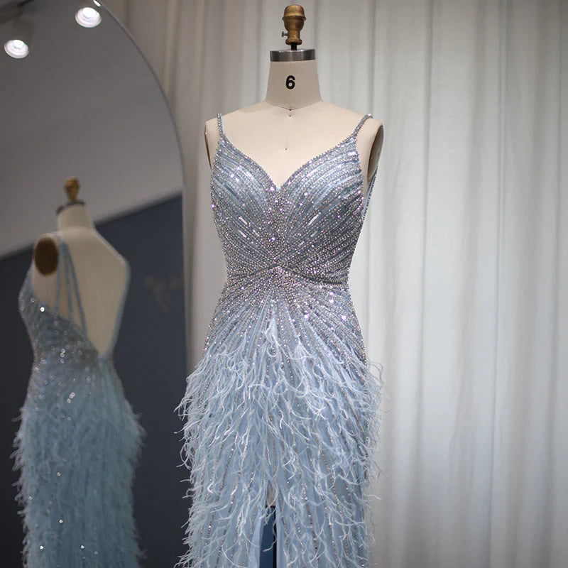 Elegant Blue Mermaid Evening Dress with Beading and Feather Train SS004