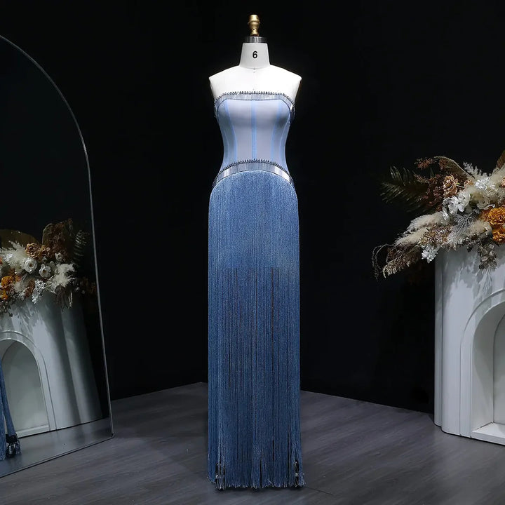 Luxury Blue Strapless Crystal Fringe Evening Dress SS520