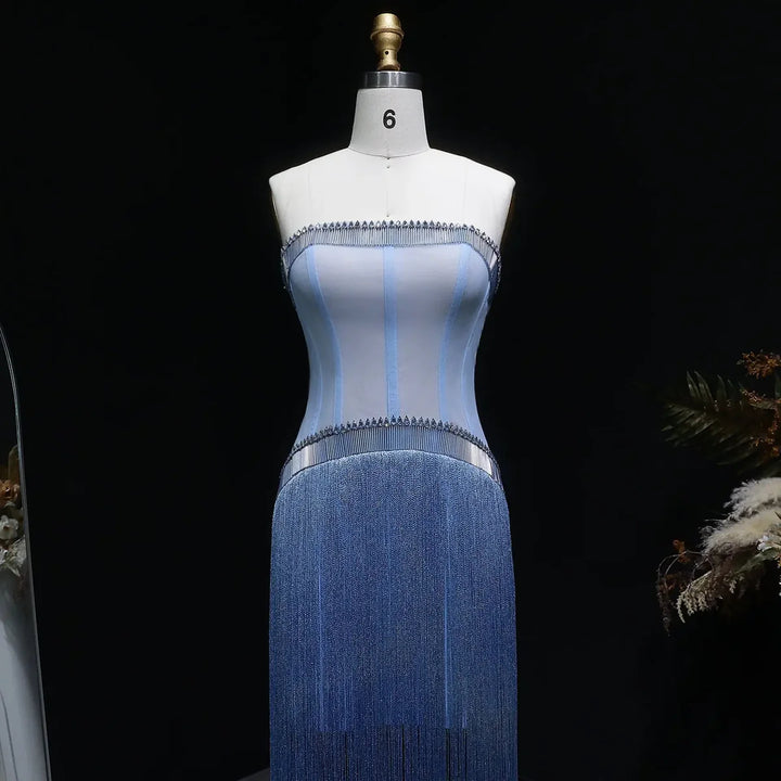 Luxury Blue Strapless Crystal Fringe Evening Dress SS520