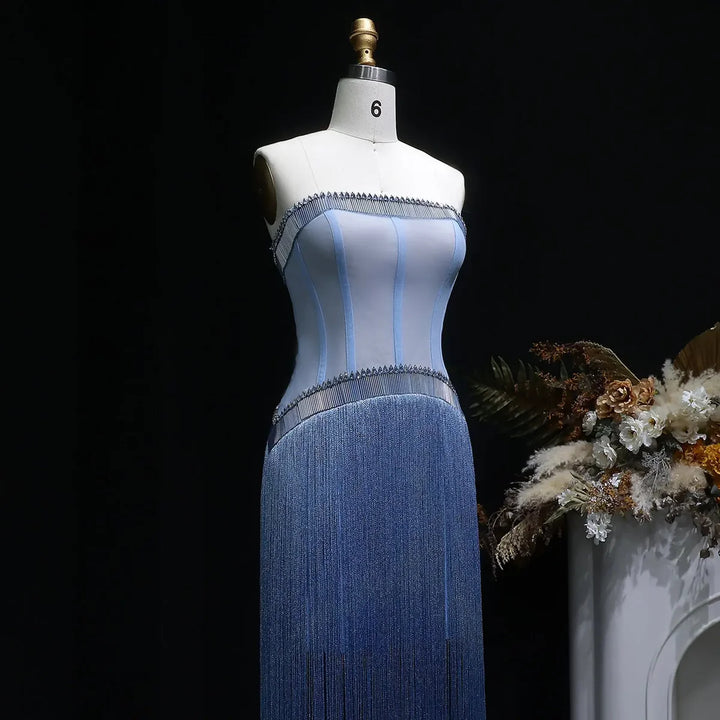 Luxury Blue Strapless Crystal Fringe Evening Dress SS520