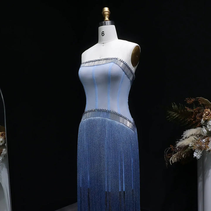 Luxury Blue Strapless Crystal Fringe Evening Dress SS520