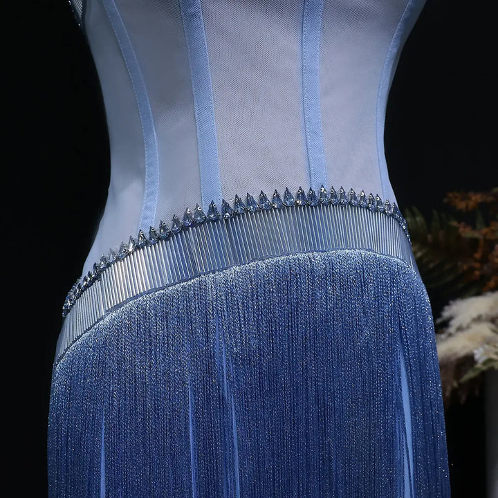 Luxury Blue Strapless Crystal Fringe Evening Dress SS520