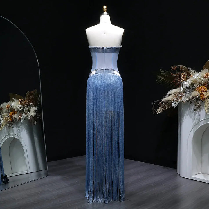 Luxury Blue Strapless Crystal Fringe Evening Dress SS520