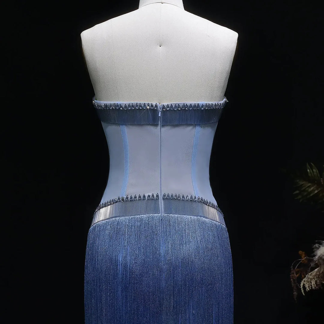 Luxury Blue Strapless Crystal Fringe Evening Dress SS520