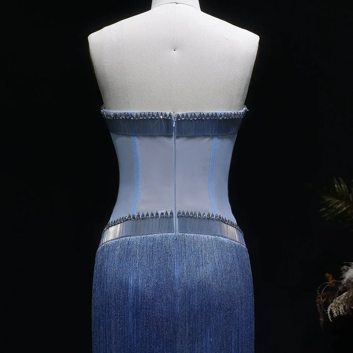 Luxury Blue Strapless Crystal Fringe Evening Dress SS520