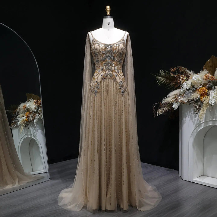 Elegant Champagne Embellished Evening Dress with Cape Sleeves SS538