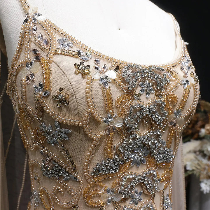 Elegant Champagne Embellished Evening Dress with Cape Sleeves SS538