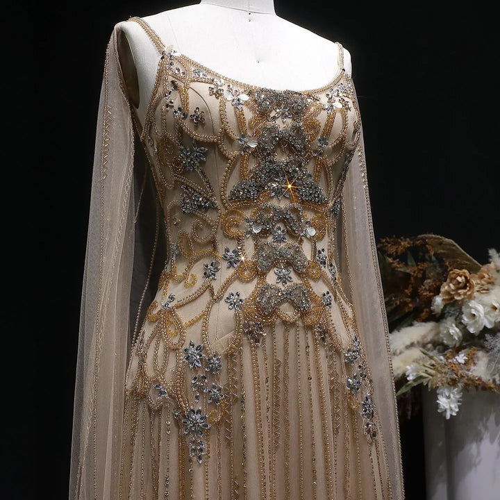 Elegant Champagne Embellished Evening Dress with Cape Sleeves SS538