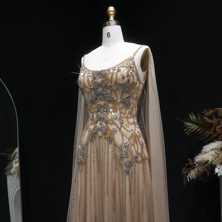 Elegant Champagne Embellished Evening Dress with Cape Sleeves SS538