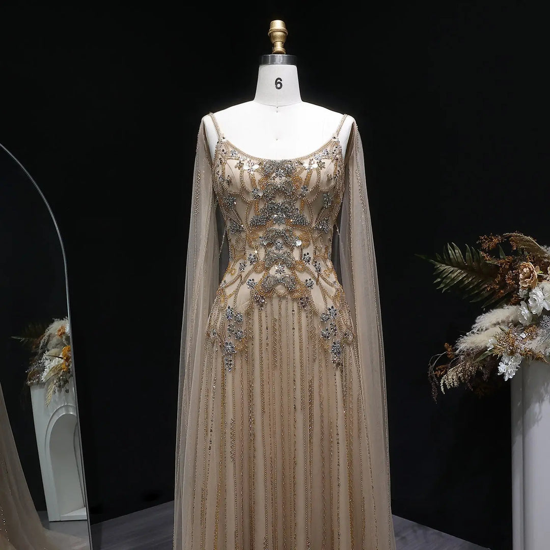 Elegant Champagne Embellished Evening Dress with Cape Sleeves SS538