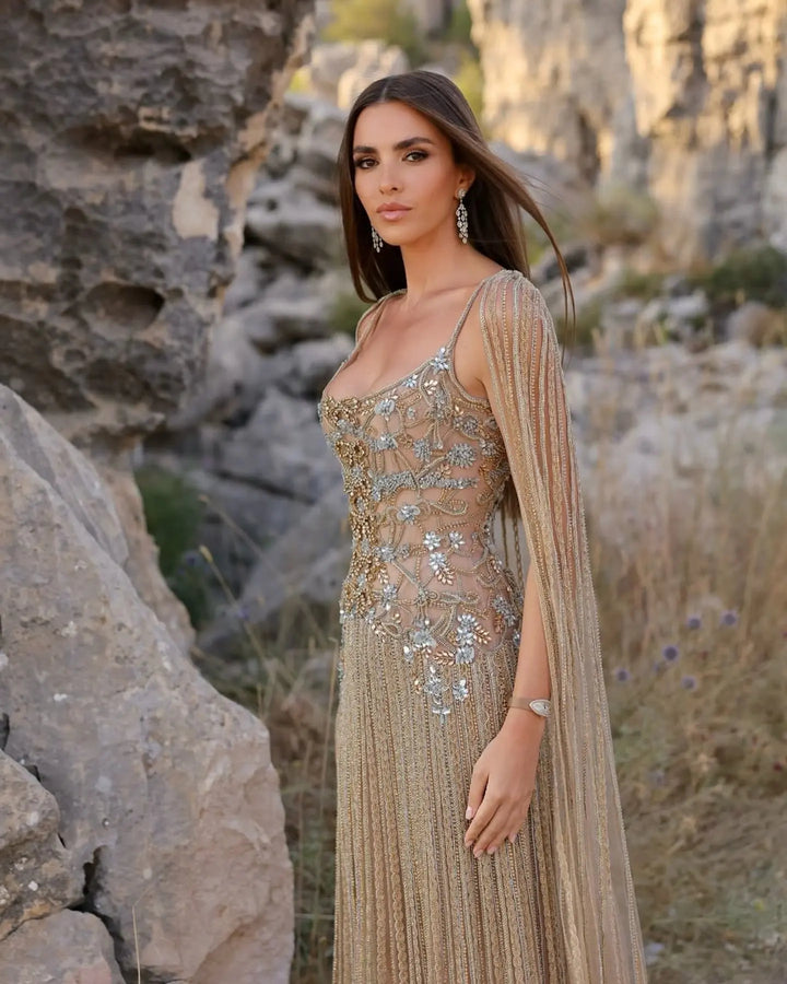 Elegant Champagne Embellished Evening Dress with Cape Sleeves SS538