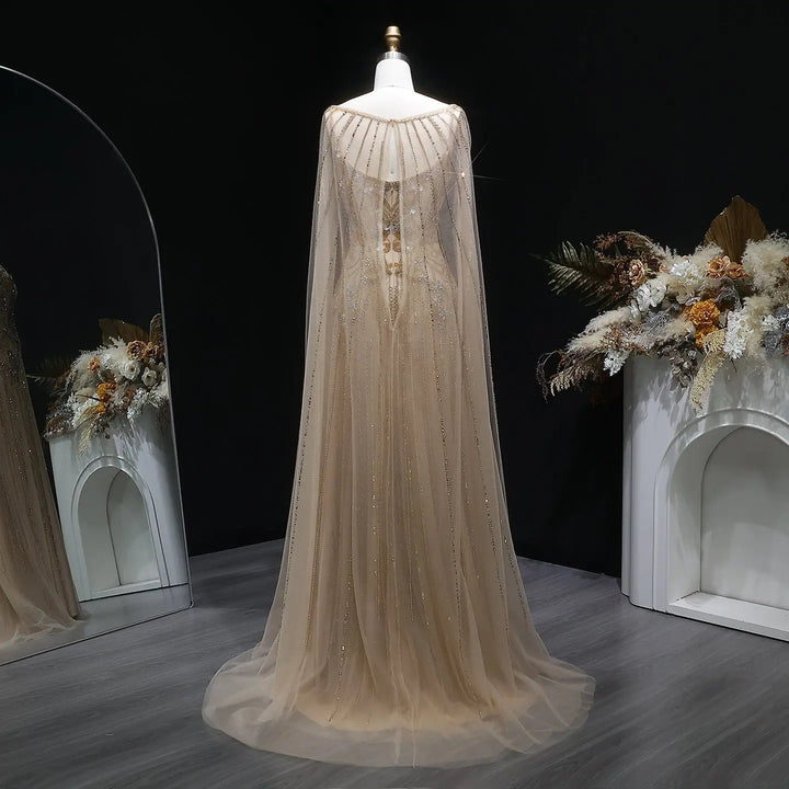 Elegant Champagne Embellished Evening Dress with Cape Sleeves SS538