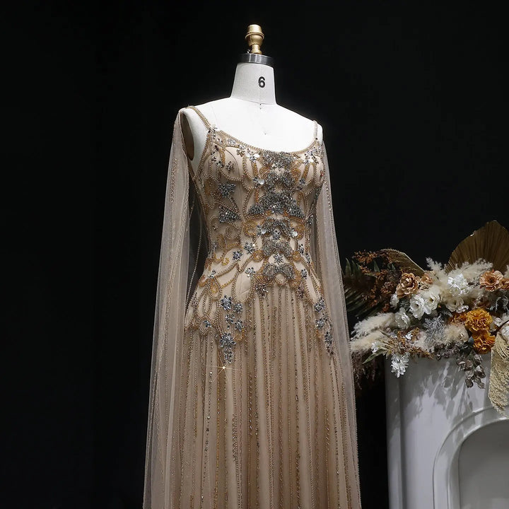 Elegant Champagne Embellished Evening Dress with Cape Sleeves SS538
