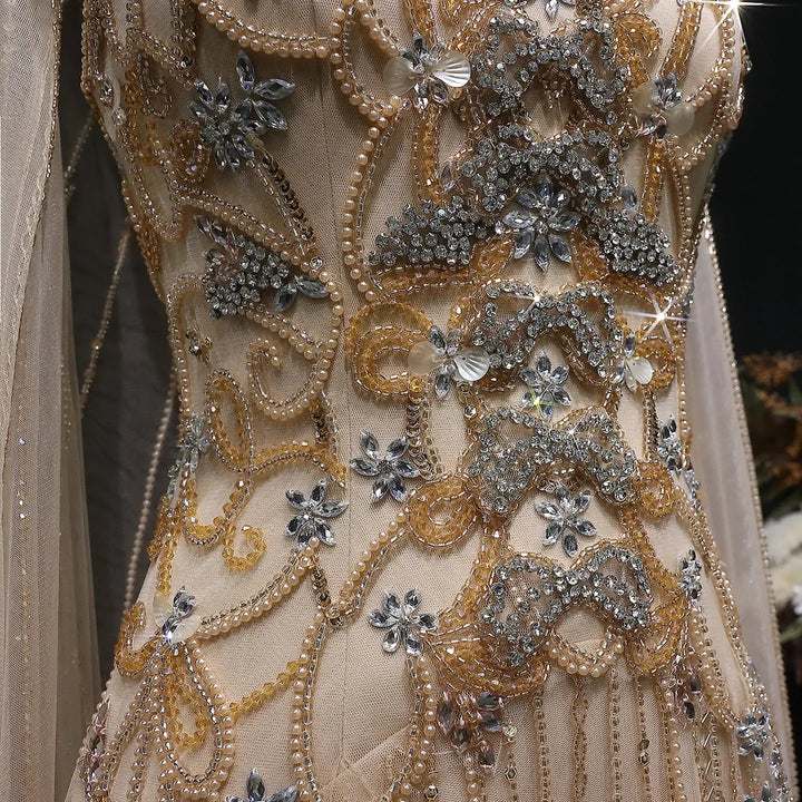 Elegant Champagne Embellished Evening Dress with Cape Sleeves SS538