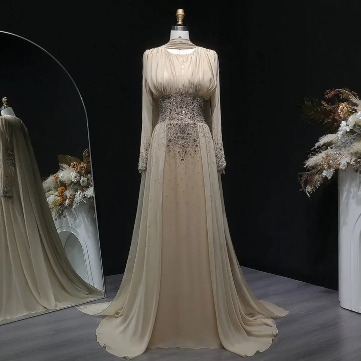 Elegant Champagne Embellished Evening Dress with Draped Cape SS533
