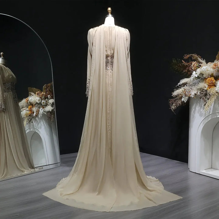 Elegant Champagne Embellished Evening Dress with Draped Cape SS533