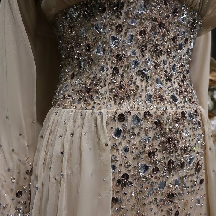 Elegant Champagne Embellished Evening Dress with Draped Cape SS533