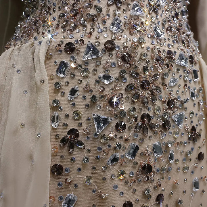 Elegant Champagne Embellished Evening Dress with Draped Cape SS533