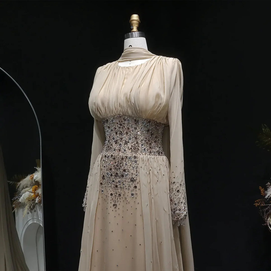 Elegant Champagne Embellished Evening Dress with Draped Cape SS533