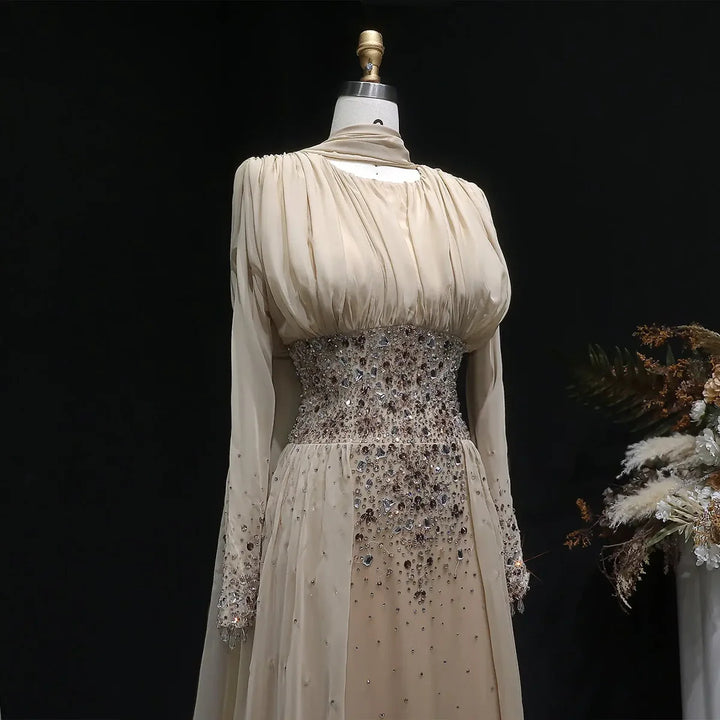 Elegant Champagne Embellished Evening Dress with Draped Cape SS533