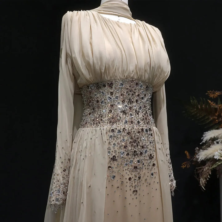 Elegant Champagne Embellished Evening Dress with Draped Cape SS533