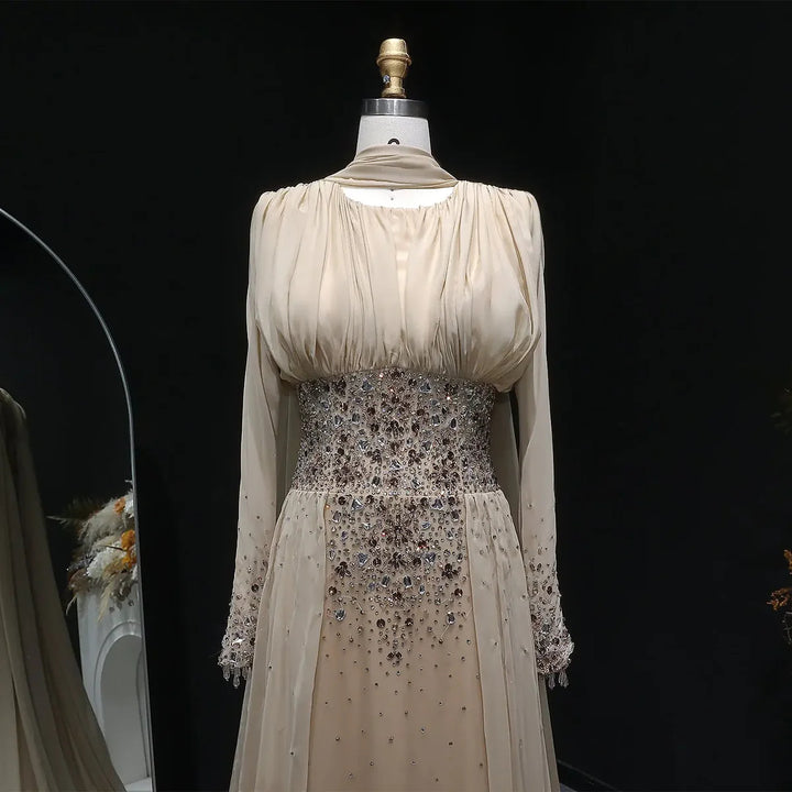 Elegant Champagne Embellished Evening Dress with Draped Cape SS533
