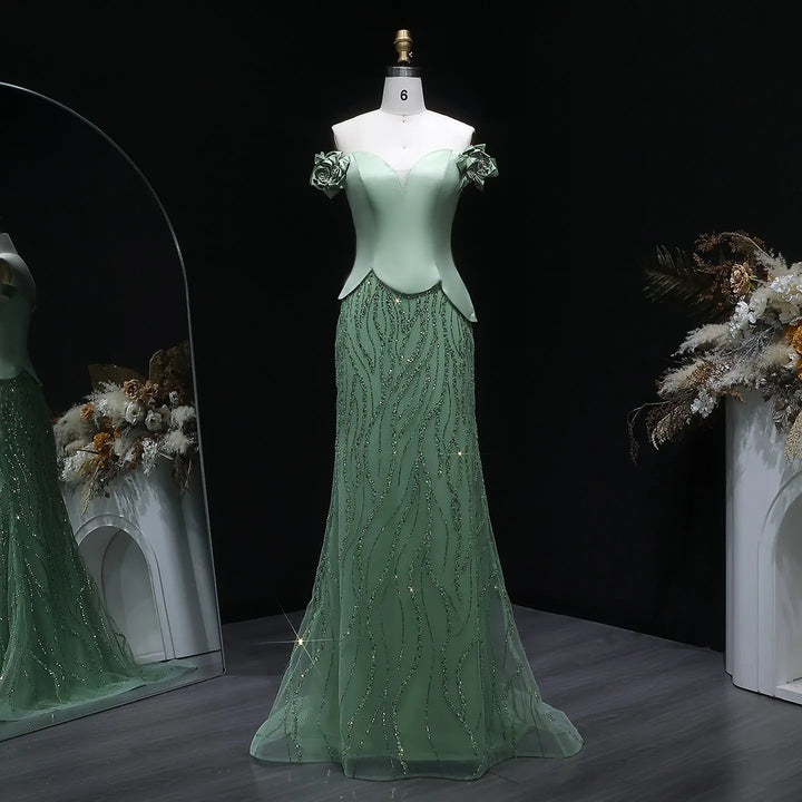 Elegant Green Off Shoulder Evening Dress with Beaded Sequin SS640