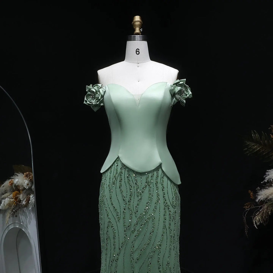 Elegant Green Off Shoulder Evening Dress with Beaded Sequin SS640