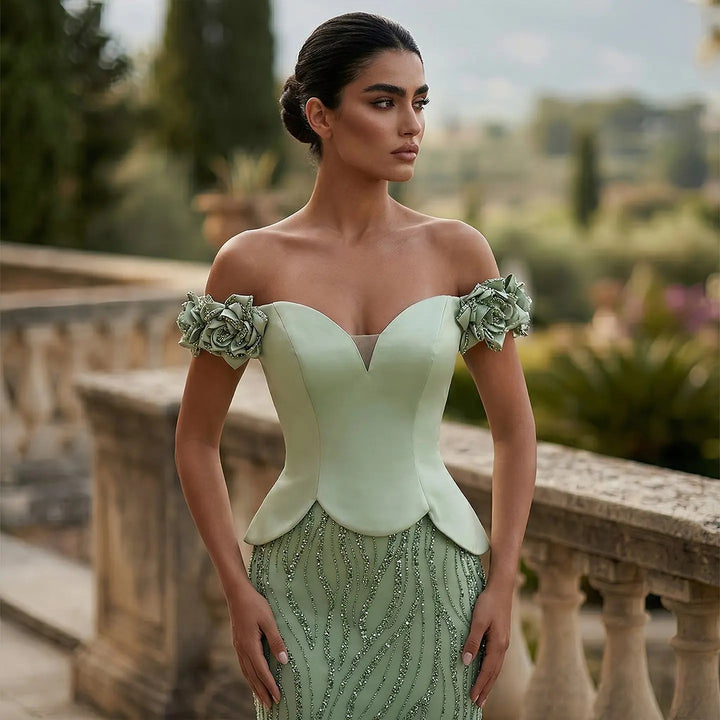 Elegant Green Off Shoulder Evening Dress with Beaded Sequin SS640