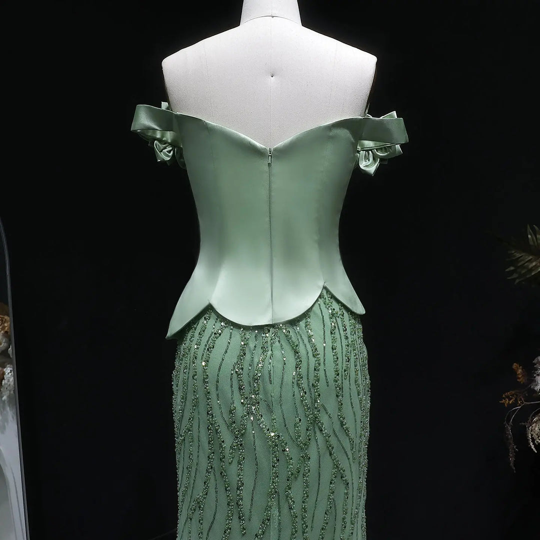 Elegant Green Off Shoulder Evening Dress with Beaded Sequin SS640