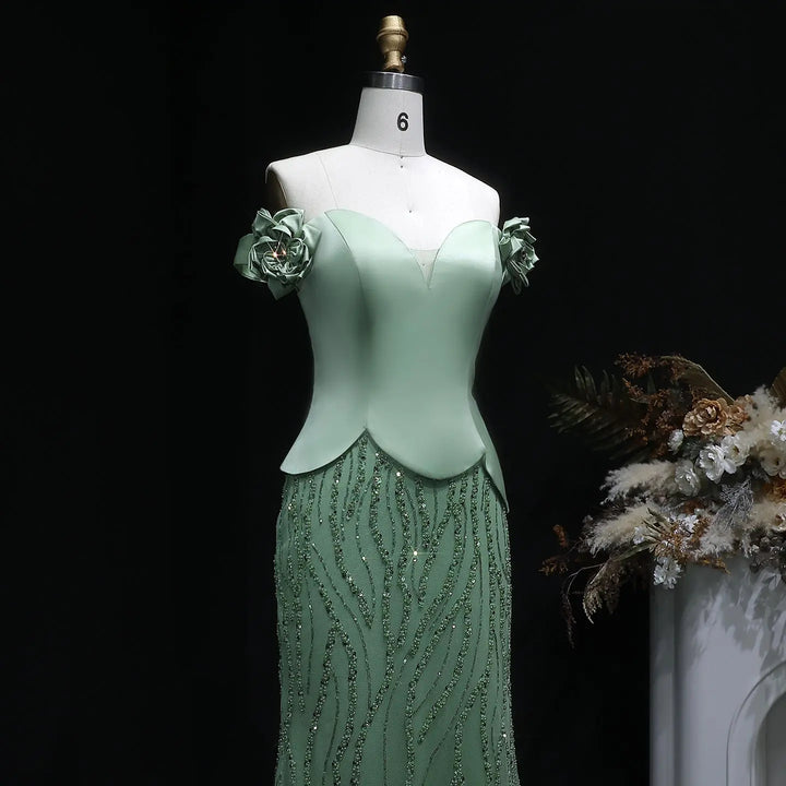 Elegant Green Off Shoulder Evening Dress with Beaded Sequin SS640