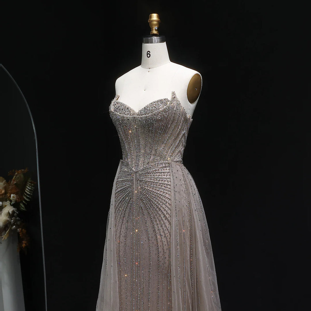 Elegant Pink Beaded Sweetheart Evening Dress with Overskirt Train SS002