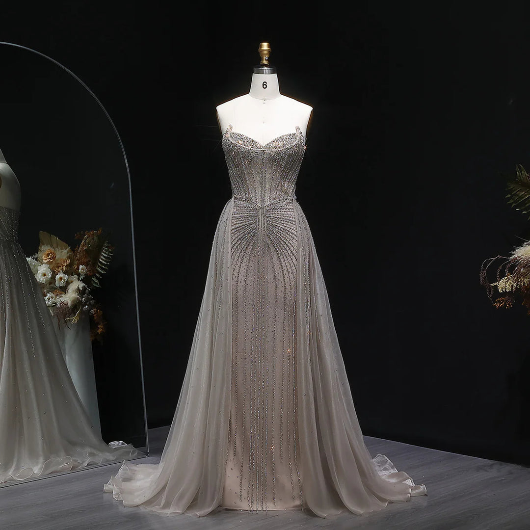 Elegant Pink Beaded Sweetheart Evening Dress with Overskirt Train SS002