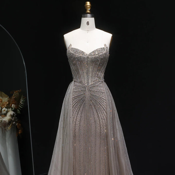 Elegant Pink Beaded Sweetheart Evening Dress with Overskirt Train SS002