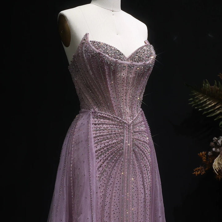 Elegant Pink Beaded Sweetheart Evening Dress with Overskirt Train SS002