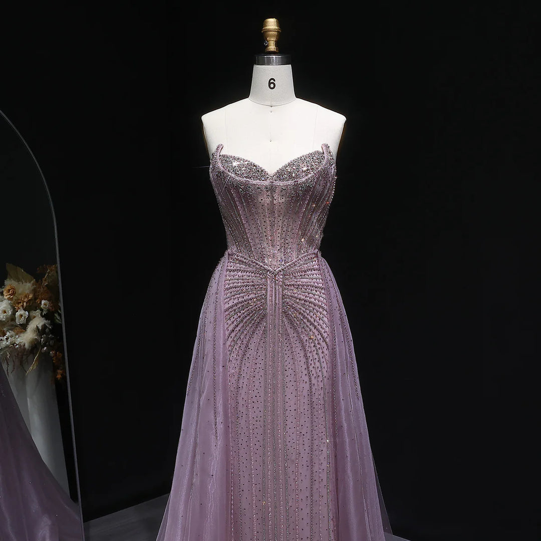 Elegant Pink Beaded Sweetheart Evening Dress with Overskirt Train SS002