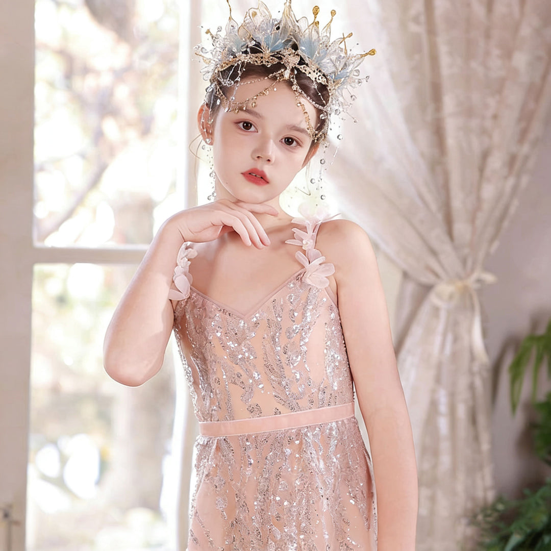 Elegant Pink Flower Girl Dress Sparkly Tulle Slim Fit Gown with Floral Hem J046