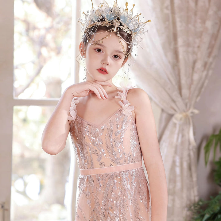 Elegant Pink Flower Girl Dress Sparkly Tulle Slim Fit Gown with Floral Hem J046