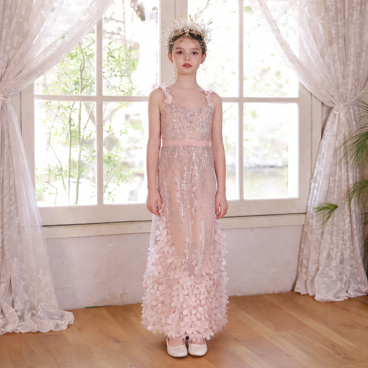 Elegant Pink Flower Girl Dress Sparkly Tulle Slim Fit Gown with Floral Hem J046