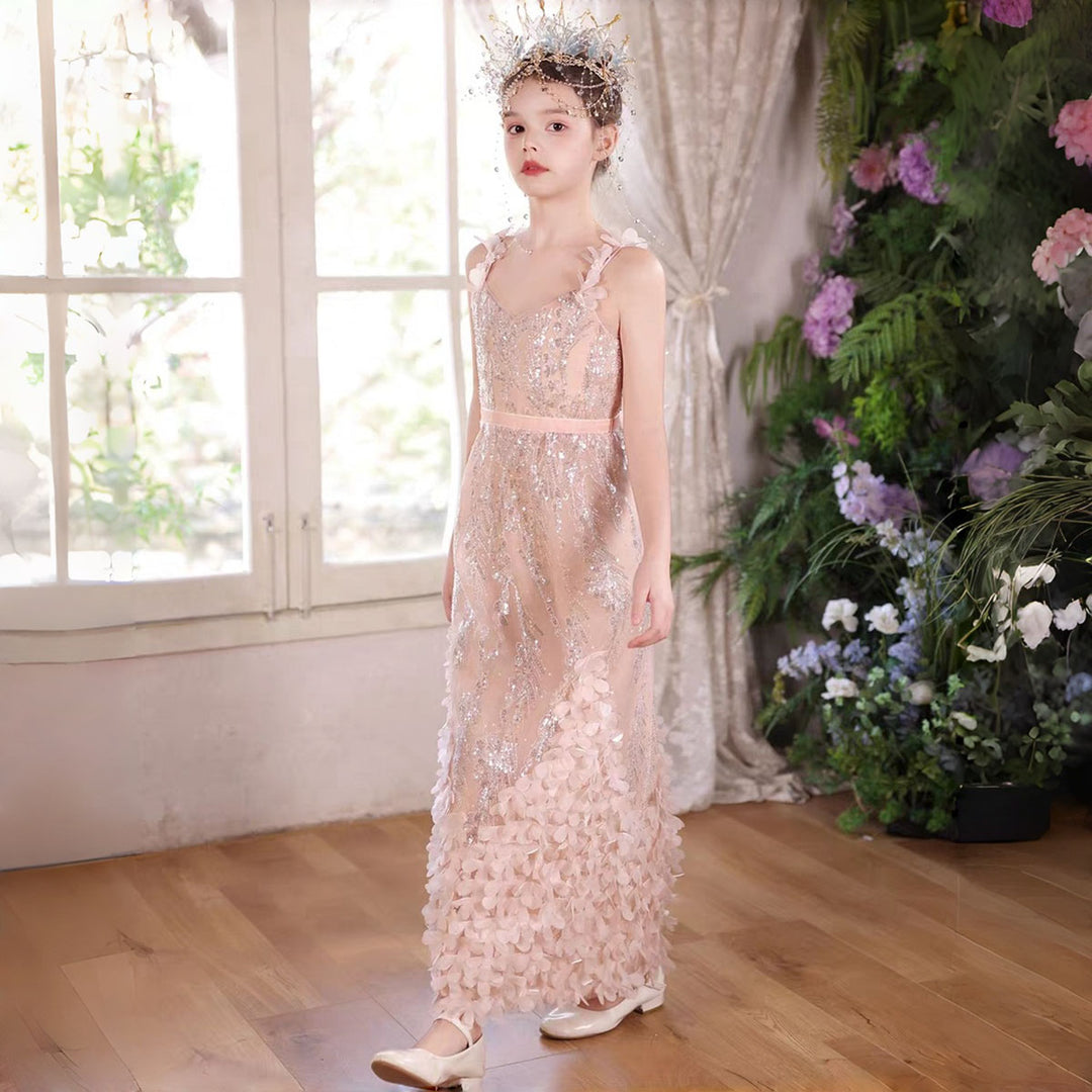 Elegant Pink Flower Girl Dress Sparkly Tulle Slim Fit Gown with Floral Hem J046