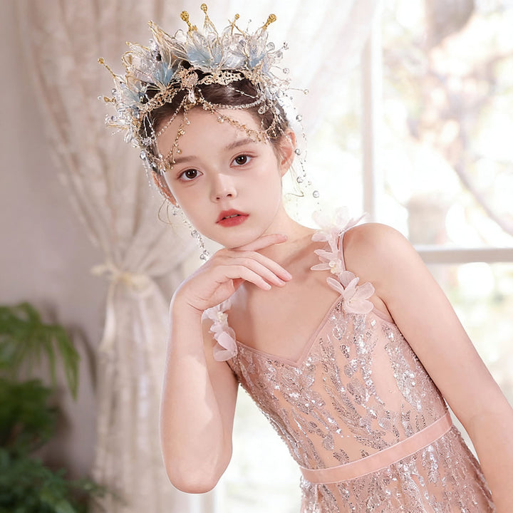 Elegant Pink Flower Girl Dress Sparkly Tulle Slim Fit Gown with Floral Hem J046