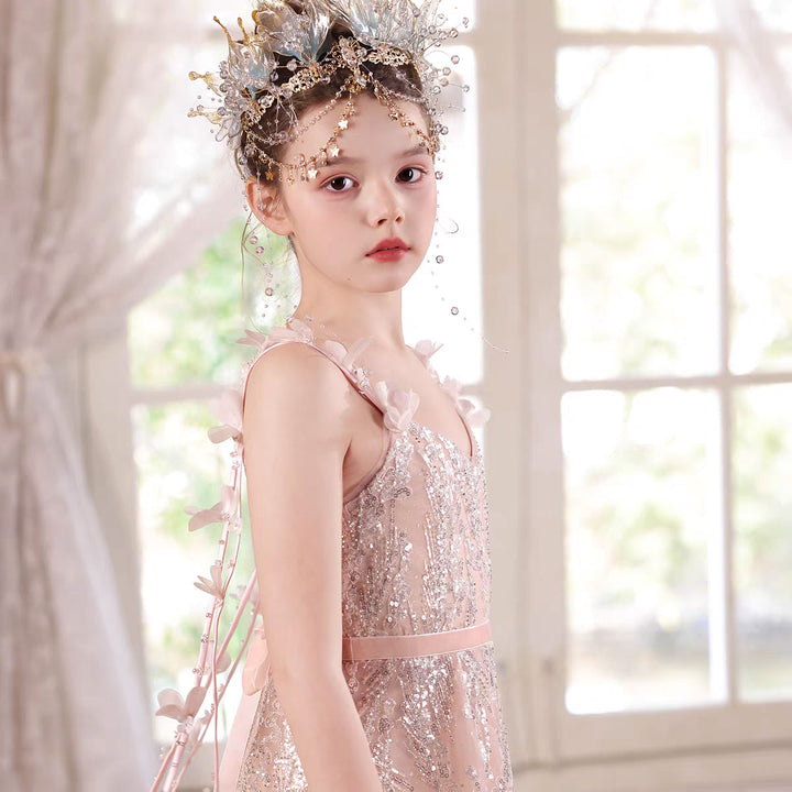 Elegant Pink Flower Girl Dress Sparkly Tulle Slim Fit Gown with Floral Hem J046