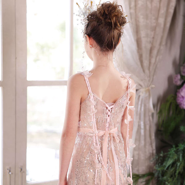 Elegant Pink Flower Girl Dress Sparkly Tulle Slim Fit Gown with Floral Hem J046