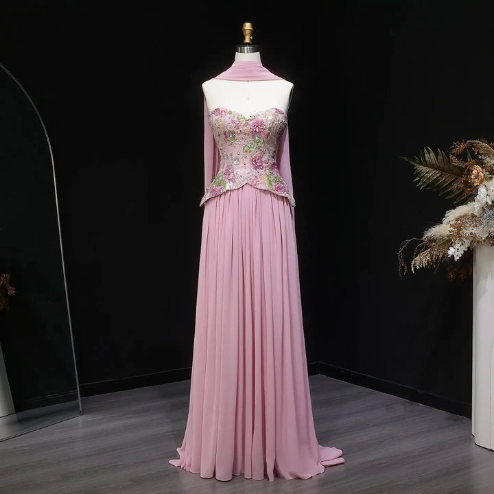 Elegant Strapless Floral Embroidered Chiffon Evening Dress with Pleated Skirt SS480