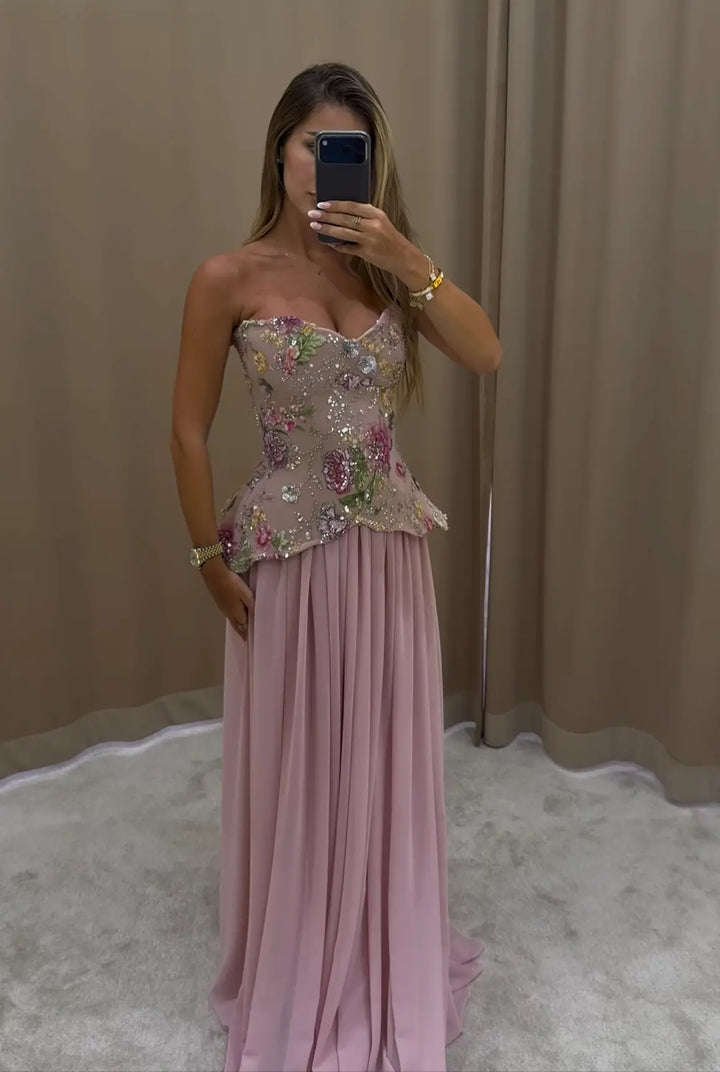 Elegant Strapless Floral Embroidered Chiffon Evening Dress with Pleated Skirt SS480