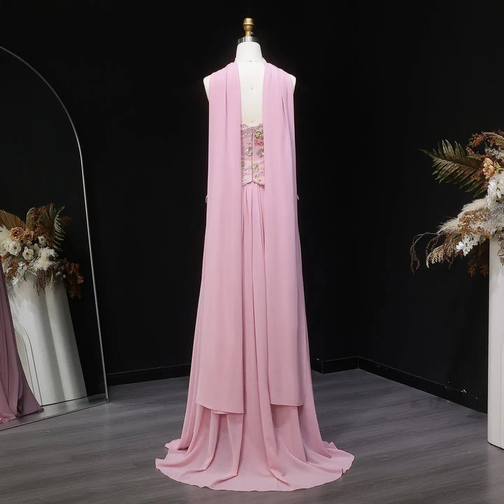 Elegant Strapless Floral Embroidered Chiffon Evening Dress with Pleated Skirt SS480